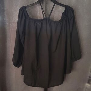 Show Lai Large Cold Shoulder/off-the-shoulder sleeve Sheer Black Ladies blouse